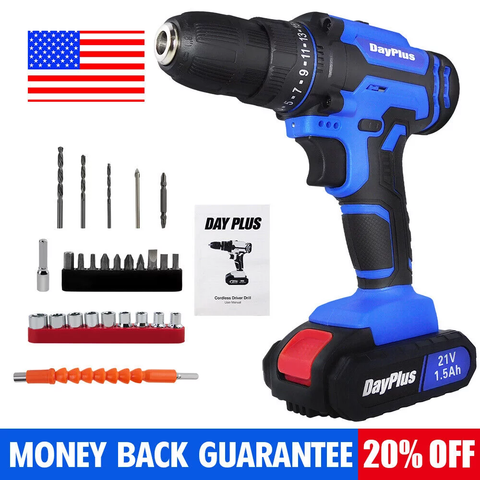 21 Volt Drill 2 Speed Electric Cordless Drill / Driver with Bits Set & Battery