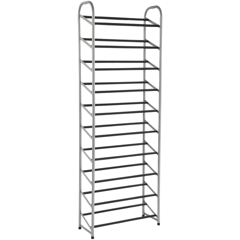 10-Tier Shoe Rack, Powder Coated Black and Silver Finish, 30 Pairs