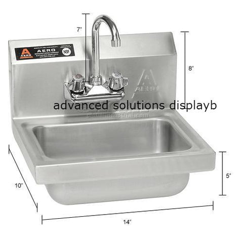 Aero Wall Mount Stainless Steel Hand Sink 14"Lx10"Wx5"D Basin w/7" Gooseneck Faucet 8" Backsplash