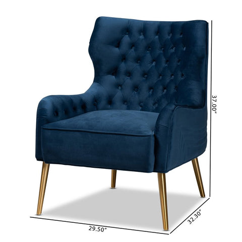 Nelson Navy Blue Velvet Fabric and Gold Finished Metal Armchair