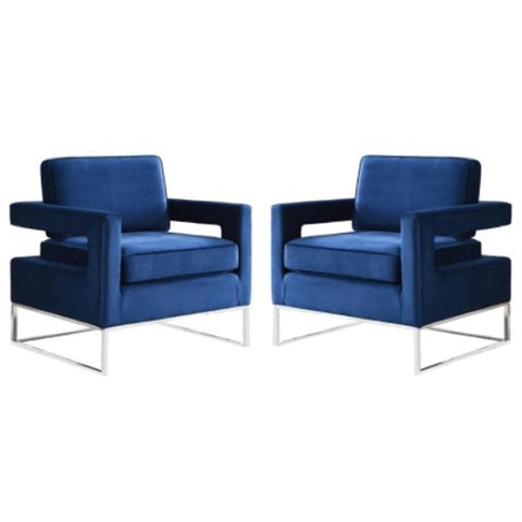 2 Piece Upholstered Velvet Accent Chair Set in Navy and Chrome