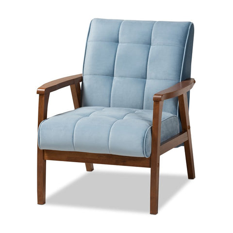 Asta Light Blue Velvet Upholstered Walnut Wood Armchair