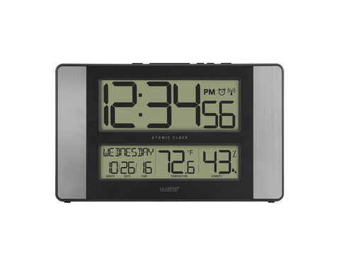 11" Gray and Black Atomic Digital Wall Clock with Temperature and Calendar